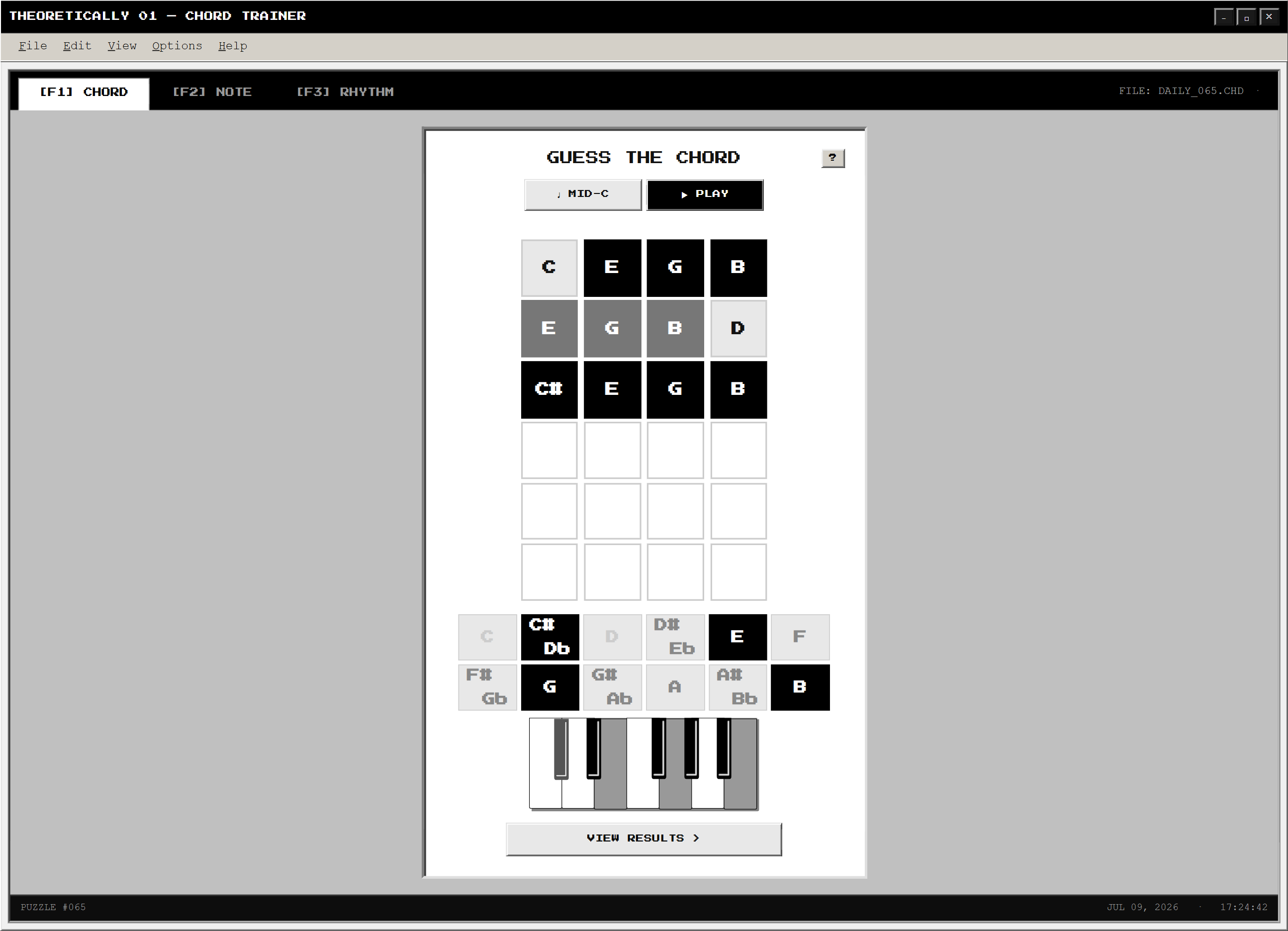 Theoretically 01 chord trainer styled as a retro desktop application, showing a solved daily chord puzzle